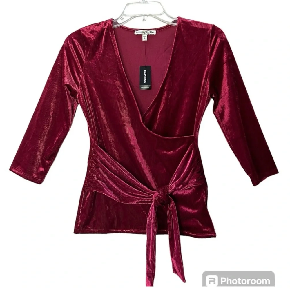 NWT Express Tie Front Velour Wrap Top Burgundy V Neck Holidays Size S - Picture 2 of 10